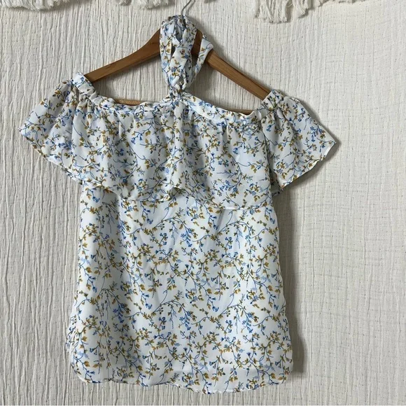 Kaari blue white blue floral off the shoulder top with neck tie ribbon size PS - Picture 6 of 6